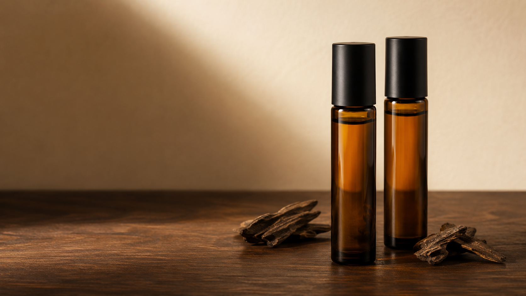Two unbranded amber roll-on bottles beside oud wood on a warm studio surface